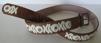 Western Belt Womens Lace Floral Brown Leather Silver Tone Buckle Cowgirl Large - Image 1 of 4