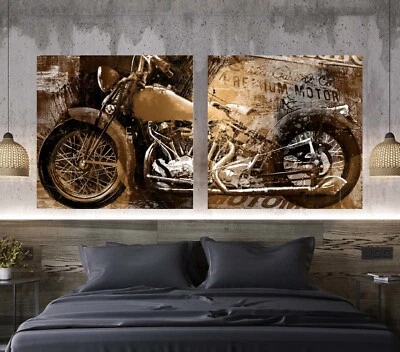 XL LEINWAND BILD-SET BIS 200x95x5 MOTORRAD CHOPPER BRAUN ABSTRAKT VINTAGE KUNST - Bild 1 von 4