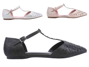 3 Color Formal Glitter T-strap Pointed Toe Ankle Strap Rhinestones Womens Flats - Picture 1 of 22
