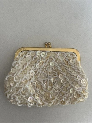 Vintage Sequin Beaded Cream Colored  Coin Purse Hand Made Hong Kong - Image 1 of 4