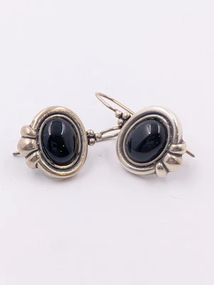 Signed M 925 Sterling Silver & Black Onyx Drop Vintage Earrings - Image 1 of 4