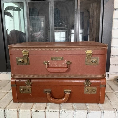 2 Vintage Leather Suitcases - Wedding Card Box or Boho / Rustic Home Decor - Image 1 of 4