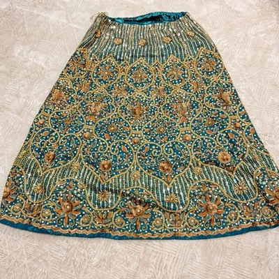 Teal and Gold Tone Beaded Lehenga Skirt Only - Image 1 of 4