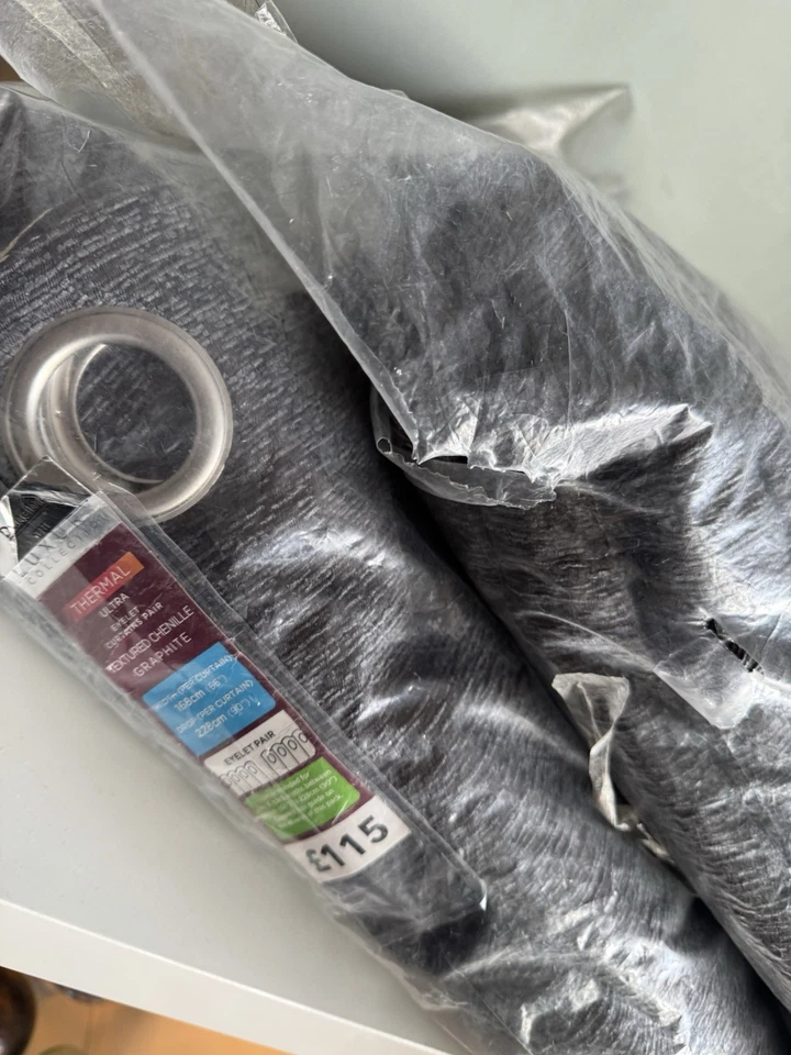 Large Dunelm ThermalFleece Interlined Textured Chenille Eyelet Graphite Curtains - Image 1 of 3