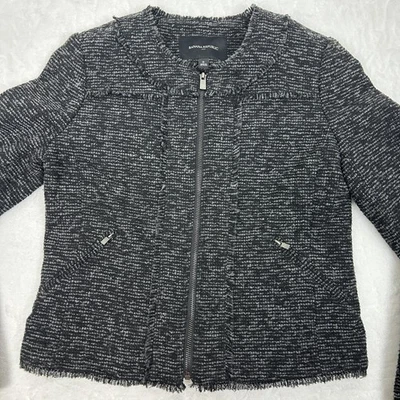 Banana Republic Jacket Womens 0 Black Gray Tweed Boucle Fringe Zip Lined Blazer - Image 1 of 4