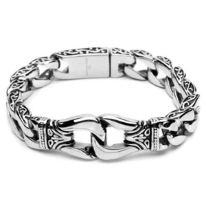 Mens Chian Bracelet 361L Stainless Steel Vintage Style Silver Handcuffs Bangle - Picture 1 of 9