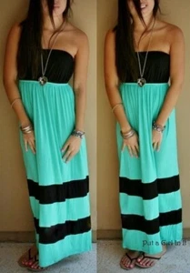 New Womens BLACK MINT GREEN STRIPED LONG MAXI TUBE DRESS BOHO STRAPLESS S Small - Picture 1 of 5