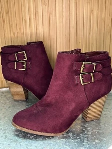 Charlotte Russe Size 7 - Suede Maroon Ankle Boots Zip w/ Heel And Buckle Detail - Picture 1 of 8