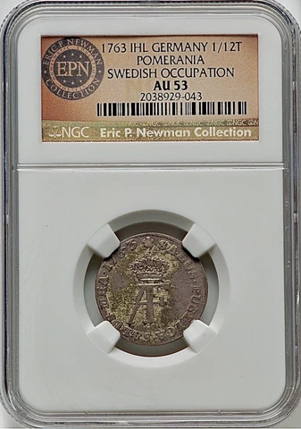 1763 IHL Germany Pomerania Adolf Fredrik 1/12 Taler KM419 NGC AU53 EPN Pedigree Cover