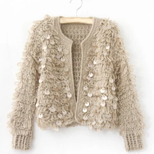 Damen Pailletten Kunst Mohair Pelz Cardigan Häkel Pullover Mantel Jacke Oberteil Freizeit Neu - Bild 1 von 18