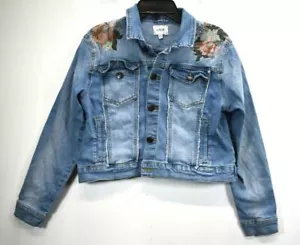 Joes Girl Blue Embroided Flowers Long Sleeve Button Up Denim Crop Jacket L 12-14 - Picture 1 of 6