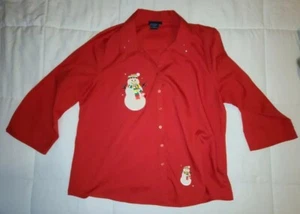 Blusa para mujer bordada muñeco de nieve manga larga cuello grande con botones - Imagen 1 de 9