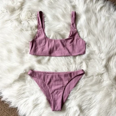 MIKOH Ribbed Eden Top Lona Bikini Top Bottom Set Fig Mauve L/XL - Image 1 of 4