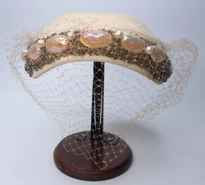 VTG 1950's Real Fur Formal Beaded Hat w/ Veil CREAM Velvet Trim Smokey Beads - Image 1 of 4