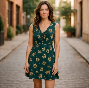 Cottagecore Sweet Wanderer Green Floral Ruffle Mini Dress Junior Large - Picture 1 of 8