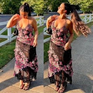 For Love & Lemons Rosalyn Pink Floral Ruffled Bohemian Formal V Neck Maxi Dress - Picture 1 of 13