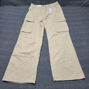 Bershka Pants Womens 12 Beige Medium Rise Cargo Flare 100% Cotton Pockets New - Picture 1 of 10