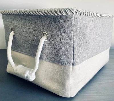 Grande lixeira de armazenamento de tecido de lona com alças de corda branca cinza e linho 14x11x9 - Imagem 1 de 4