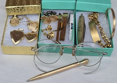 老式老式复古 1/20 10K 12K 14K GF 镀金珠宝废品盒套装混合 — 第 1/4 张图片