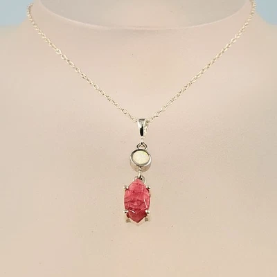 Opal Corundum Silver Necklace, Ruby Red Corundum Faceted Gemstone - Image 1 of 4