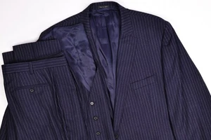 Lauren Ralph Lauren Slim Navy Flannel Stripe 3-Piece Suit 50 L Pants 40x32 - Picture 1 of 21