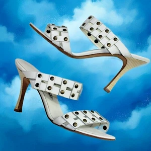 Manolo Blahnik Moschettony Bulgaro White Stud Accent Heel Sandals, Size 36.5 - Picture 1 of 11