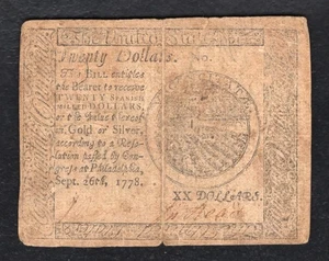 SEPTEMBER 26, 1778 $20 TWENTY DOLLARS CONTINENTAL CURRENCY NOTE (B) - Picture 1 of 2