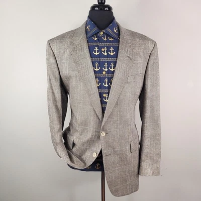Hart Schaffner Marx Blazer Mens 46L Gray Plaid Silfino Silk Sport Coat Classic - Image 1 of 4