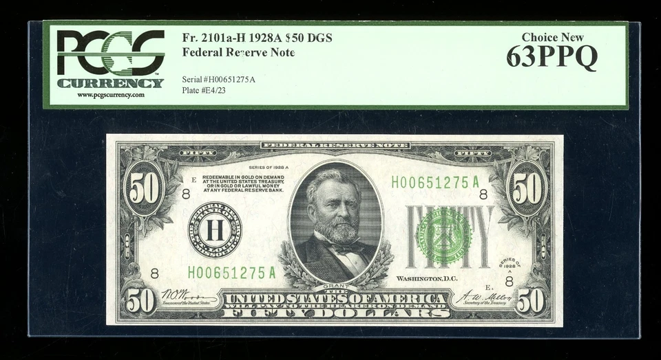 DBR 1928-A $50 DGS FRN St. Louis Fr. 2101-Hdgs PCGS 63 PPQ Serial H00651275A - Image 1 of 2