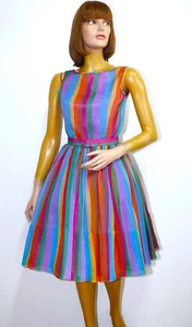 Vintage 50/60s Sleeveless Multicolor Striped Silk Chiffon Dress Sz 4 Made in USA - Picture 1 of 12