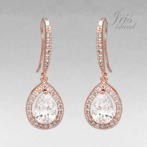 Women ROSE GOLD Plated Cubic Zirconia CZ Wedding Bridal Hook Dangle Earrings 617 - Picture 1 of 4