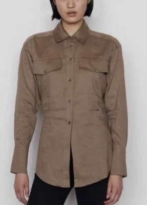 Camisa con botones recortada mezcla de lino Arie con marco beige marrón talla XS Foto 1 de 4