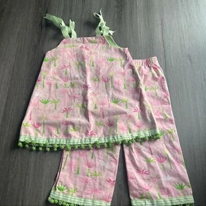 Handmade Pink Palm Tree Girl 2pc Set Sz 6/7 Preppy Palm Tree - Picture 1 of 8