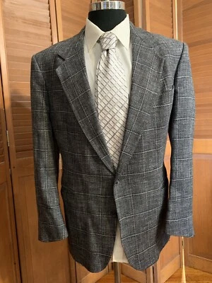 Casaco esportivo vintage anos 80 Henry Grethel 46R cinza preto xadrez tweed feito nos EUA - Imagem 1 de 4