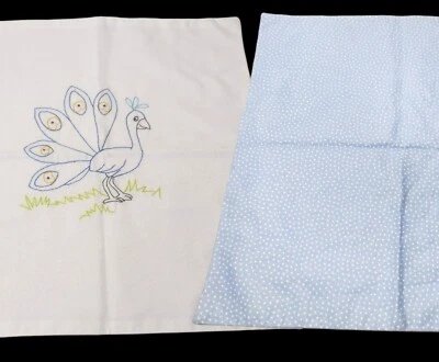 Funda de Almohada Pavo Real Bordada Hecha a Mano 16 x 16 Cuadrada Azul Lunares Algodón Foto 1 de 4