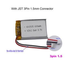 3.7V 600 mAh Li Lipo Battery 602535 Thermistor 3-Wires JST 3Pin 1.5mm Connector - Picture 1 of 10