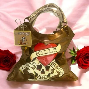 VTG Don Ed Hardy Oversized Brown "Love Kills Slowly" Shoulder Bag Tote Purse 17" - Picture 1 of 11