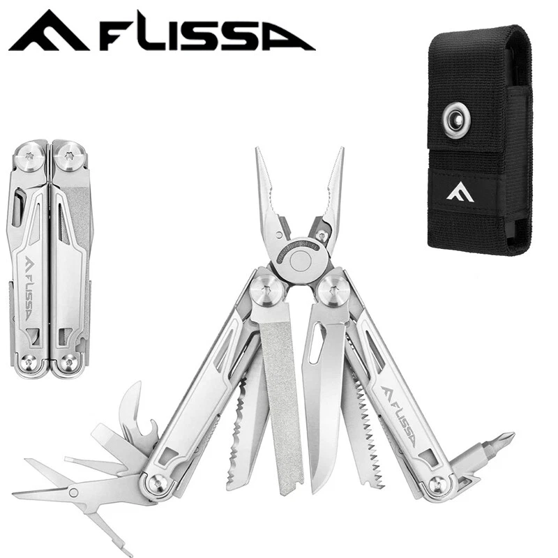 FLISSA 16-in-1 Multitool Pliers Folding Pocket Tool with Sheath Stainless Steel