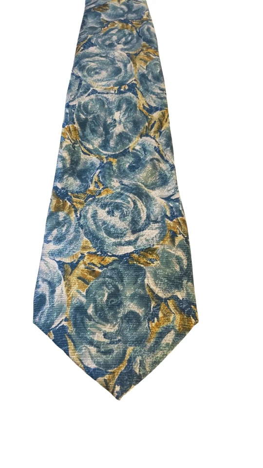 Gravata masculina Manhattan 100% seda azul amarela abstrata floral feita nos EUA - Imagem 1 de 4