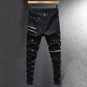 Men Fashion Ripped Slim Fit Black Elastic Zip Denim Jeans Cotton Stretch Pants - Picture 1 of 26