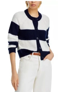 Luxurious 100% Cashmere Rugby Stripe Shaker Stitch Cardigan By Aqua in Navy M - Picture 1 of 5