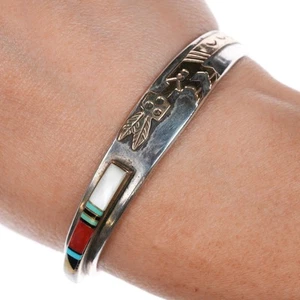 6,35" Zuni Sterlingsilber Intarsien Gold gefüllt Yei Manschette Armband - Bild 1 von 9