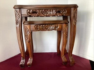 Pair VINTAGE WOOD & MARBLE TOP STACKING PLANT STAND END TABLES  VICTORIAN STYLE - Image 1 of 4