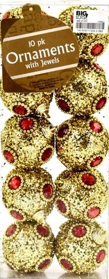 Adornos de bola de brillo con joyas de Navidad, paquete de 10 Brillo dorado de 1,6" d. Foto 1 de 2