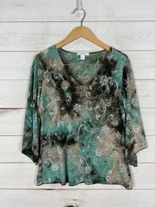 Dressbarn Shirt Damen Large grün braun verziert V-Ausschnitt 3/4-Arm hergestellt in den USA - Bild 1 von 9