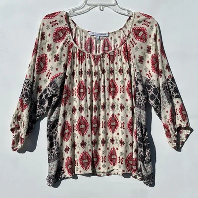 Blusa campesina Collective Concepts para mujer manga 3/4 roja y azul sobre crema talla M Foto 1 de 4