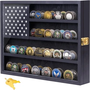 Vitrina de monedas desafío militar, 16”X12” madera bandera americana medalla sombra  - Imagen 1 de 12