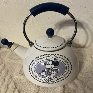 Vintage 1980s Disney Gourmet Mickey Tea Kettle Whistling Blue & White Enamel - Picture 1 of 11