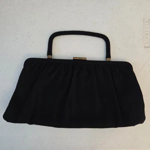 Vintage 1950s Garay Black  Wool Evening Clutch Handbag Purse w Gold Clasp - Picture 1 of 5