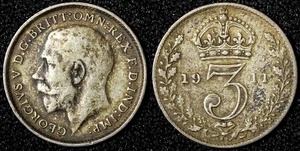 Großbritannien George V Silber 1911 3 Pence 1. Jahr für Typ KM# 813 (28 215) - Bild 1 von 3